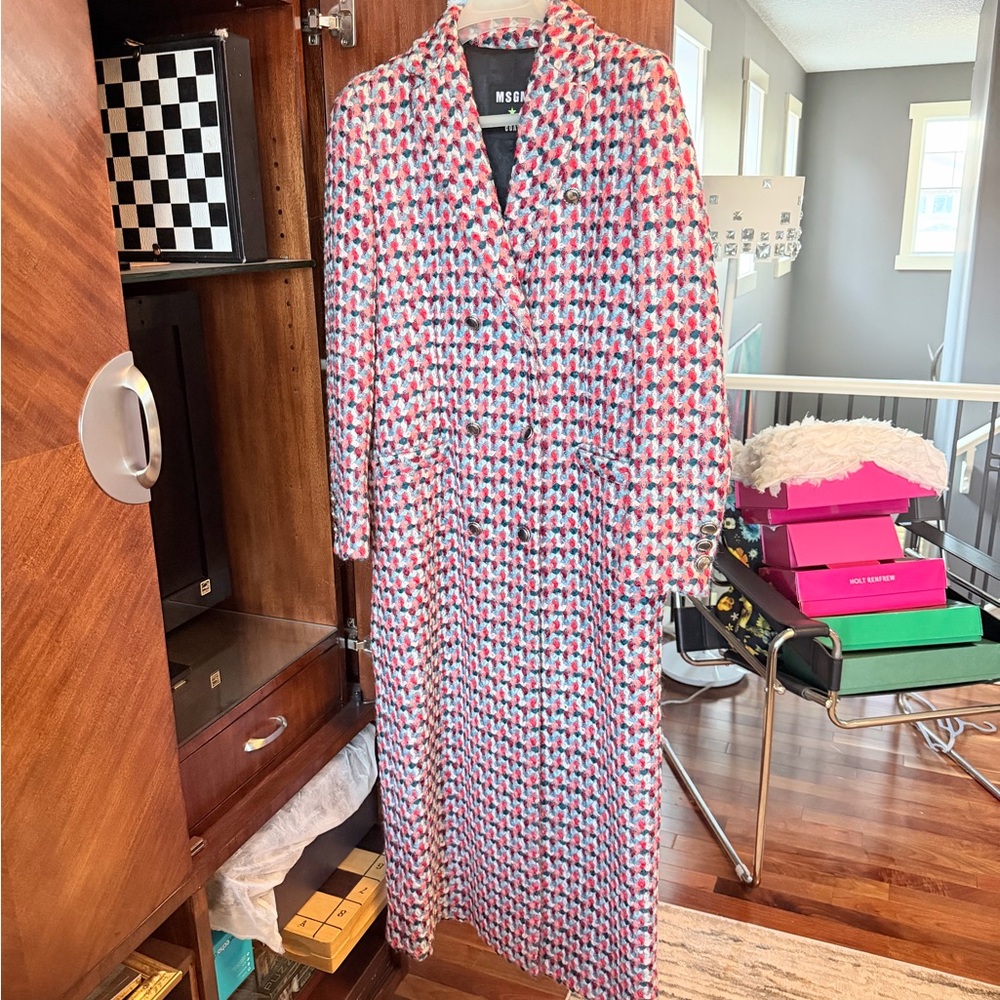 MSGM Pink Multi Tweed Long Maxi Coat